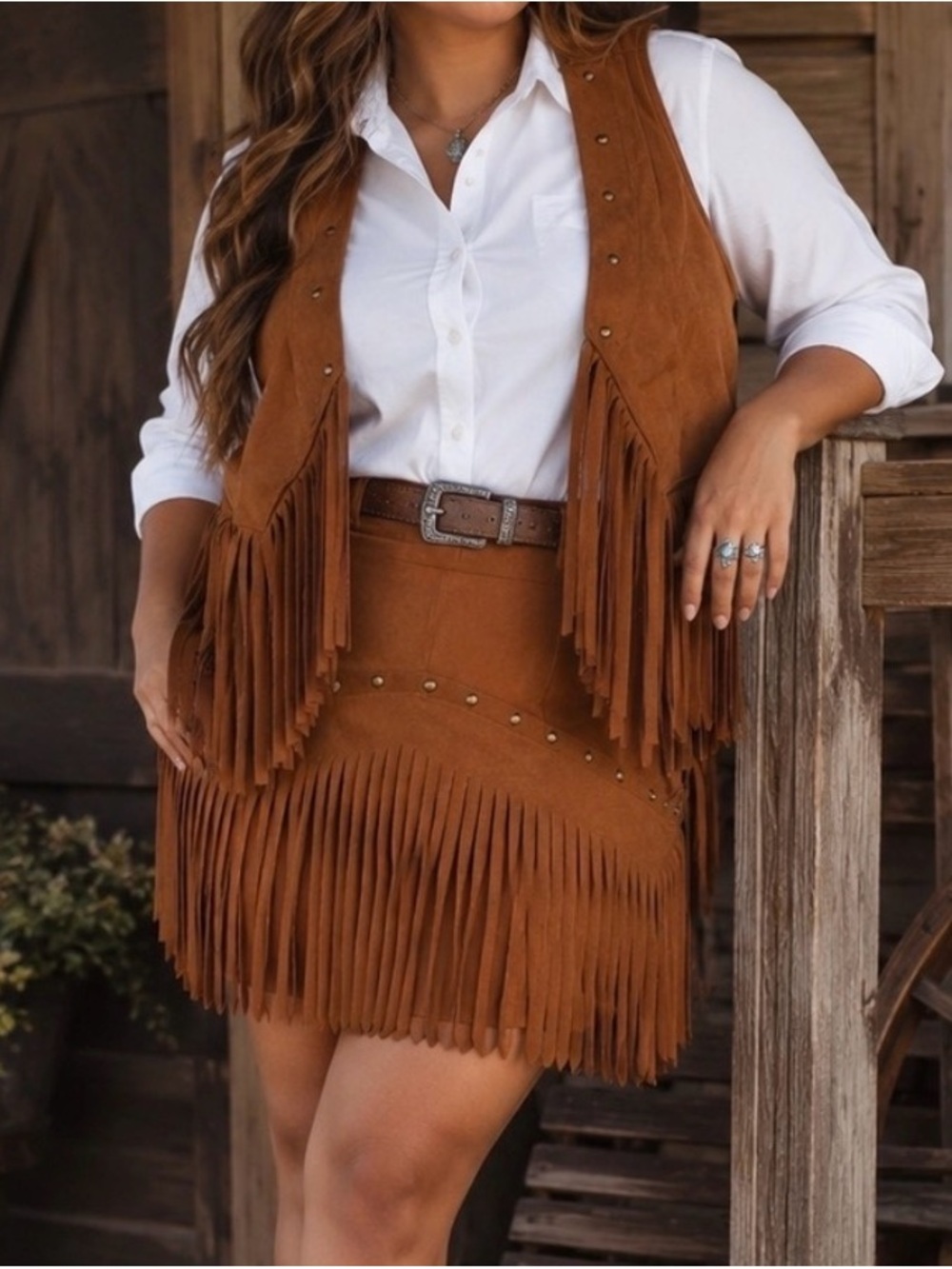 SHEIN Brown Fringed Suede Mini Skirt